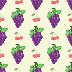 Fruit seamless pattern with grapes and cherry, cute seamless pattern vector illustration.