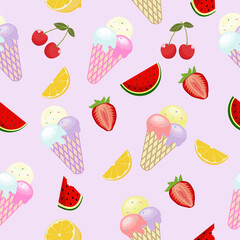 Fruit seamless pattern with ice cream, watermelon, lemon and cherry, cute seamless pattern vector illustration.