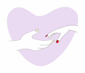 Woman's hand reaches for a man's hand, love. Relationship two man and woman. Two palms. Illustration isolated on a white background.