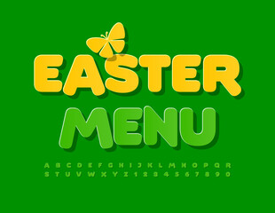 Vector festive banner Easter Menu with decorative Butterfly. Fresh green Font. Set of sticker Alphabet Letters and Numbers