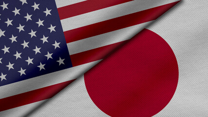 3D Rendering of two flags from Federal United States of America and japan together with fabric texture, bilateral relations, peace and conflict between countries, great for background