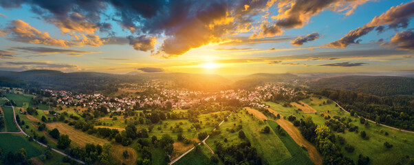 Aerial panoramic landscape with a small town at a dramatic colorful sunset with blue sky and gold...