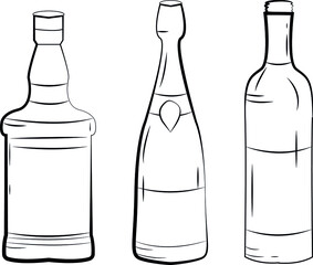 Sketch of glass bottles for wine, juice, beer, whiskey, glass goblets