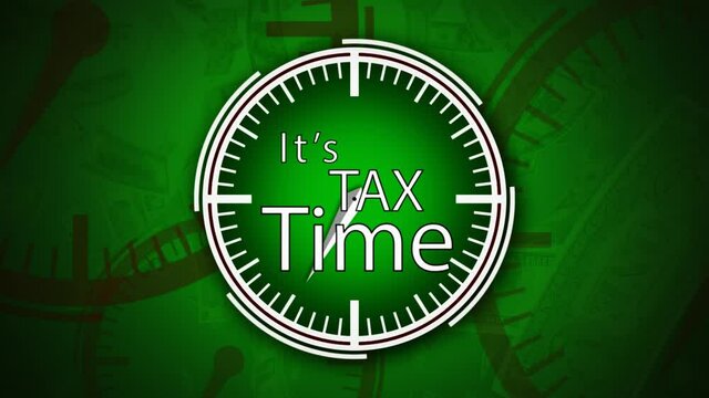 Its Tax Time Clock Hands and Money 4K Loop features a clock with hands spinning coming on screen with it’s tax time text with clocks and falling money on a green background in a loop.