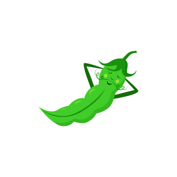 Resting Cartoon Happy Green Pea Pod On A White Background. EPS. Vector Isolated.