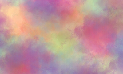 Abstract summer translucent watercolor background in green, orange, red, purple, blue and yellow tones. Copy space, horizontal banner.