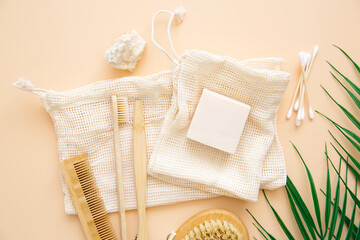 Natural bathroom accessories: bamboo toothbrushes, bamboo ear sticks, organic soap, reusable cotton...