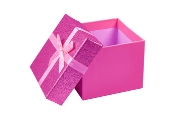 Pink gift box with open lid, holiday or celebration gift concept, on white isolated