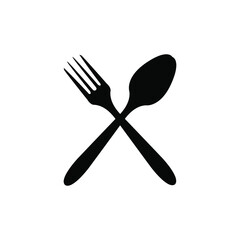 Black icon of spoon and fork isolated on white background. vector logo