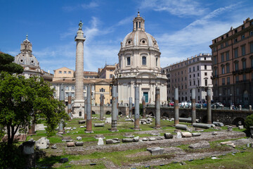 Trajan Forum (Traiani), Roman square ruins. Trajan's Column (Colonna Traiana) monument and the...