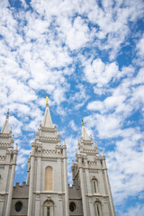 Fototapeta na wymiar The Church of Jesus Christ of Latter-day Saints Salt Lake City Temple on a beautiful spring day before the 2019-2025 renovation. A neo-gothic building designed by Truman O. Angell.