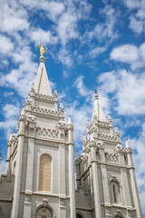 Fototapeta na wymiar The Church of Jesus Christ of Latter-day Saints Salt Lake City Temple on a beautiful spring day before the 2019-2025 renovation. A neo-gothic building designed by Truman O. Angell.