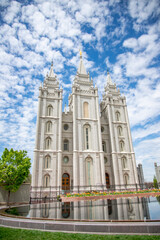 The Church of Jesus Christ of Latter-day Saints Salt Lake City Temple on a beautiful spring day before the 2019-2025 renovation. A neo-gothic building designed by Truman O. Angell.