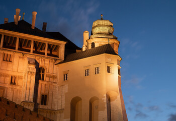 Wawel Danish Tower (Wieża Duńska na Wawelu) at the Kraków Royal Castle. UNESCO World Heritage Site by night in Krakow, Poland.