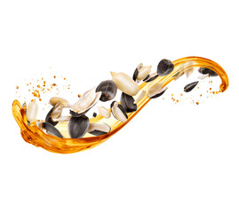 Splashes of oil with peeled sunflower seeds isolated on white background