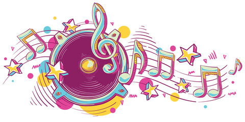 Colorful drawn loudspeaker with clef and notes - musical melody design - obrazy, fototapety, plakaty