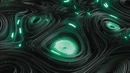 3d render Black topographic circular lines with running matrix code and with green neon