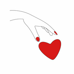 Woman's hand is dropping heart. Vector outline illustration. Female palm throws heart