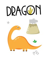 A postcard with a dragon with the inscription dragon in a hand-drawn cartoon style. For posters, postcards, cards. Vector illustration