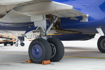 evocative close-up image of the rear wheels of a 737 aircraft 
