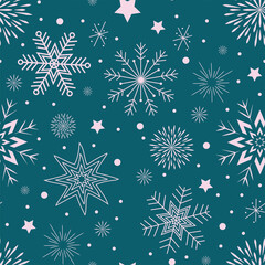 seamless pattern on a blue background white snowflakes stars and circles