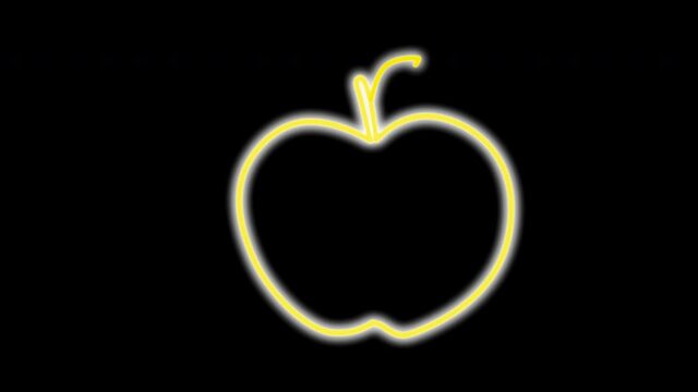 Apple outline self drawing animation. Glowing line art on black background. Golden yellow.