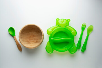 Baby tableware plastic and wooden dish, bowl plate