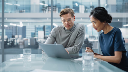 Multiethnic Diverse Office Conference Room Meeting: Team of Two Creative Entrepreneurs Talk,...