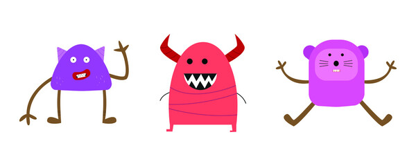 happy monsters. a collection set of various characters for kid's design. vector illustrations in a cartoon style with cheerful expressions.