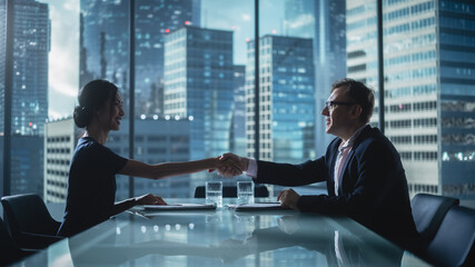 Multiethnic Diverse Office Conference Room Meeting: Team of Two Creative Entrepreneurs Talk, Find...