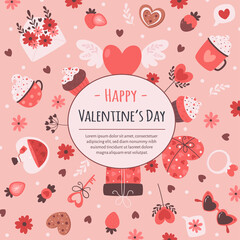 Valentines Day greeting card. Valentines Day and romantic elements. Vector illustration