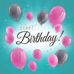 Happy Birthday lettering text banner with balloon, confetti, black color. Birthday wishes. Birthday postcard. Birthday greetings. 