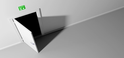 Emergency exit door ajar. Extreme angle. Light inside and dark outside. (3D generated)