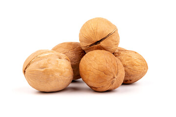 Walnuts in shells isolated on white background. Package design element with clipping path.