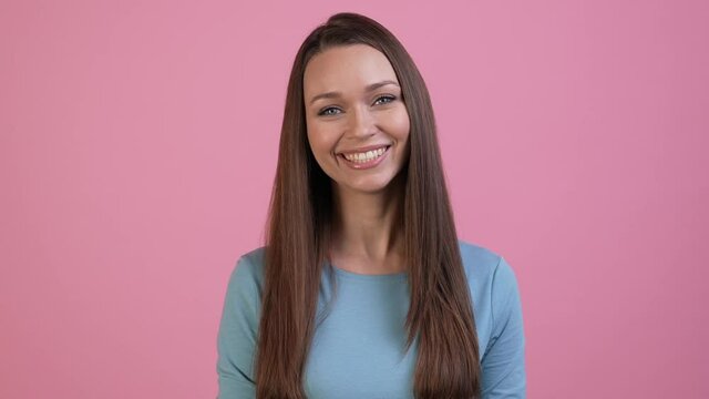 Lady enjoy toothy smile in camera isolated pastel color background