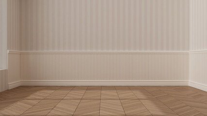 Empty room interior design, open space with big panoramic window, herringbone parquet wooden floor, striped wallpaper and woodwork, classic architecture idea concept