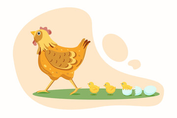 Obraz na płótnie Canvas Hen, chickens and eggs. Vector flat illustration. Easter.