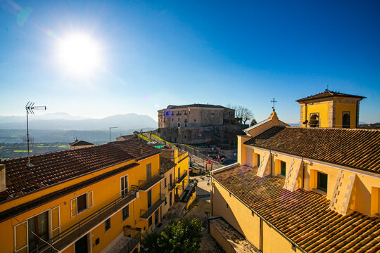 Gesualdo, Avellino, Campania, Italy: roofs of houses with castle on the bottom