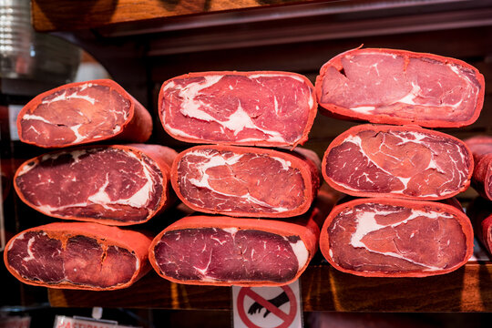 Close up of pastirma beef  at street Grand market in Turkey., meat delicious basturma at Egyptian Bazaar, Istanbul..