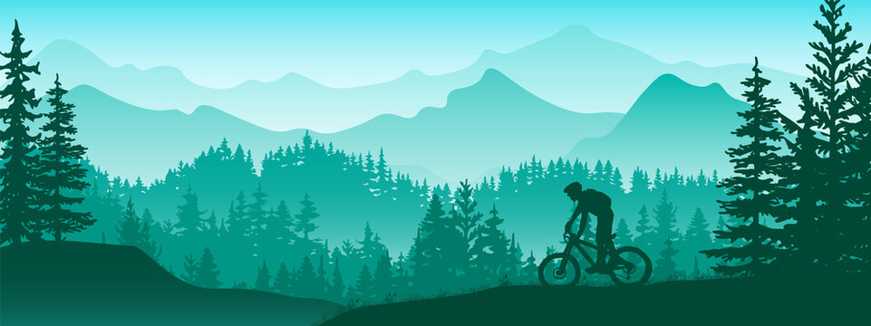 Silhouette of mountain bike rider in wild nature landscape. Mountains, forest in background. Magical misty nature. Blue and green illustration.