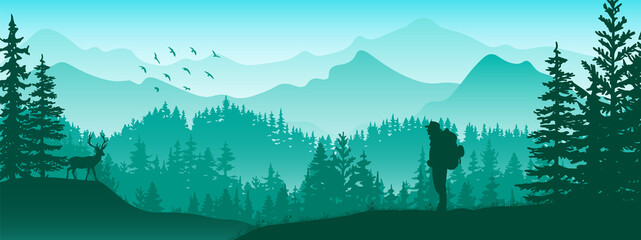 Horizontal banner. Silhouette of tourist with backpack stands on meadow in forrest, watch deer. Mountains and trees in background. Magical misty landscape, fog. Blue, green illustration. Bookmark. - obrazy, fototapety, plakaty