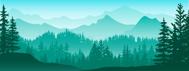 Fotobehang Horizontal banner. Magical misty landscape. Silhouette of forest and mountains, fog. Nature background. Blue and green illustration. ​Bookmark. © Anna