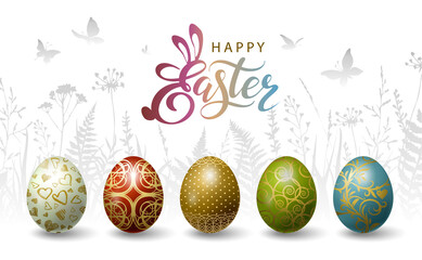 Happy easter poster with colorful patterned eggs, leaves and herbs, lettering inscription.