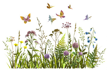 Naklejki  Colorful wildflowers and butterflies silhouettes. Floral spring or summer field.