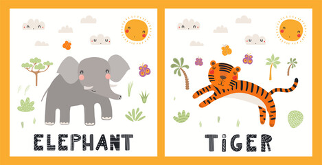 Cute funny animals, elephant, tiger, tropical landscape. Posters, cards collection. Hand drawn wild animal vector illustration. Scandinavian style flat design. Concept for kids fashion, textile print.