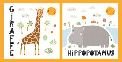 Cute funny animals, giraffe, hippo, tropical landscape. Posters, cards collection. Hand drawn wild animal vector illustration. Scandinavian style flat design. Concept for kids fashion, textile print.