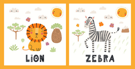 Fototapeta premium Cute funny animals, lion, zebra, tropical landscape. Posters, cards collection. Hand drawn wild animal vector illustration. Scandinavian style flat design. Concept for kids fashion, textile print.