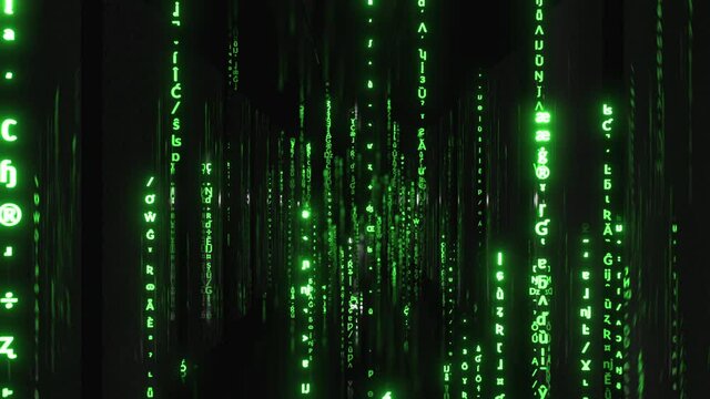 Random glowing green symbols and pictograms. Matrix code background