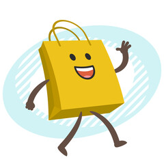 Cartoon Shopping Bag Character walking and waving his hand.