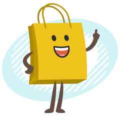 Cartoon Shopping Bag Character explaining and showing the index finger.